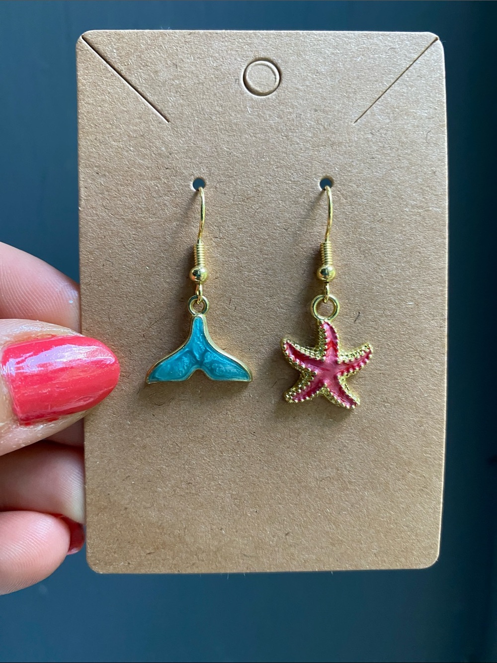 Asymmetrical Sea Charm Earrings — Teal Whale Tail & Pink Starfish